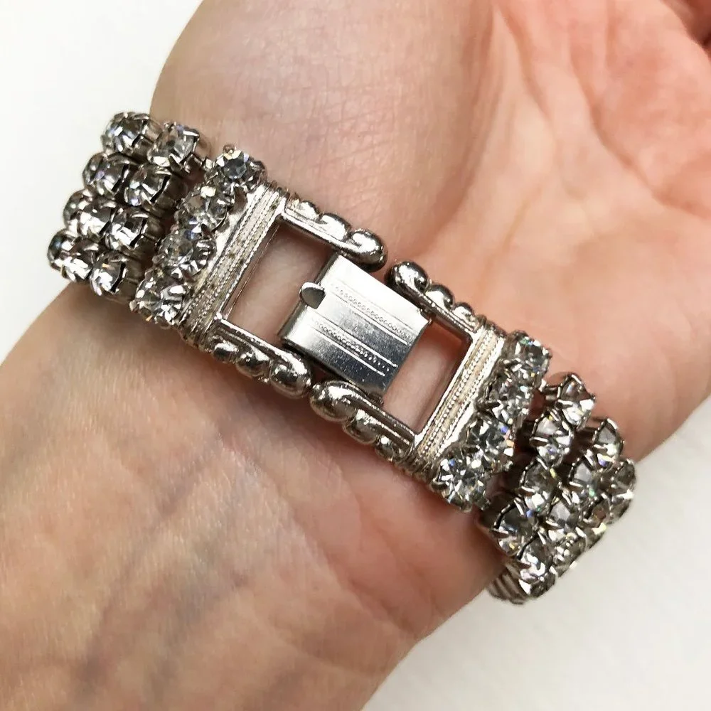 Wide rhinestone tennis bracelet, statement clear crystal bracelet 60s vintage
